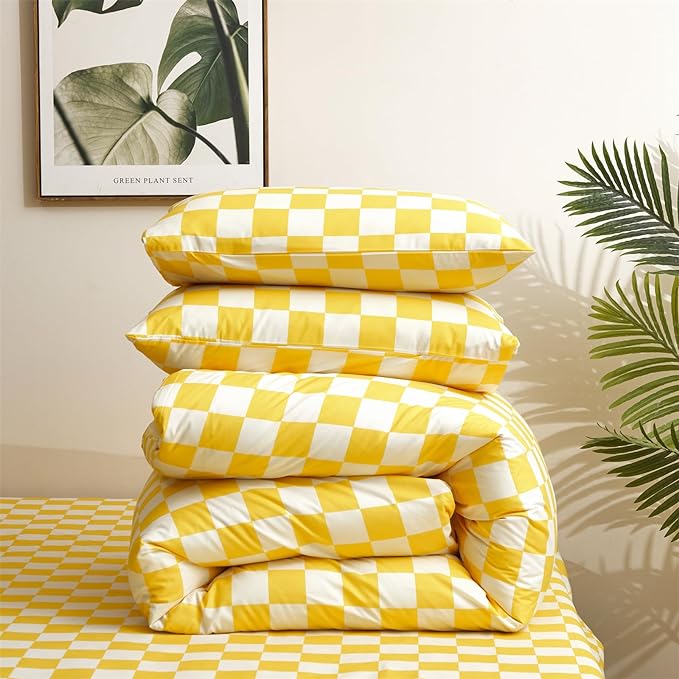 Yellow White Grid Comforter Set Queen Yellow Plaid Bedding Set Women Yellow and White Checkered Bed Comforter Set Breathable Blanket Set Men Durable Bedding Comforter Set