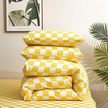 Yellow White Grid Comforter Set Queen Yellow Plaid Bedding Set Women Yellow and White Checkered Bed Comforter Set Breathable Blanket Set Men Durable Bedding Comforter Set