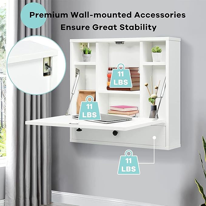 2 in 1 Foldable Tabletop, Folding Wall Mount Laptop Storage Compartments Space Saving Floating Desk, Small, White