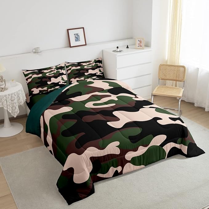 Queen Size Camouflage Comforter Set 3Pcs Kids Bedding Set for Boys Girls Teens 1 Comforter & 2 Pillowcases(Queen,Army Green) Boys