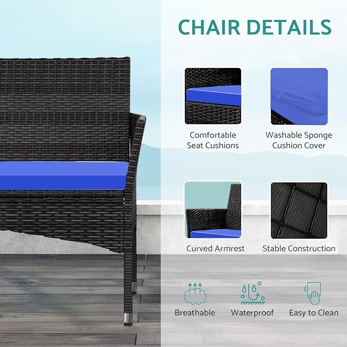 Patio Furniture, 4 Piece Conversation Set, Outdoor Wicker Rattan Table and Chairs, Sectional Sofa with Thick Cushion for Garden, Yard, or Porch, Dark Brown