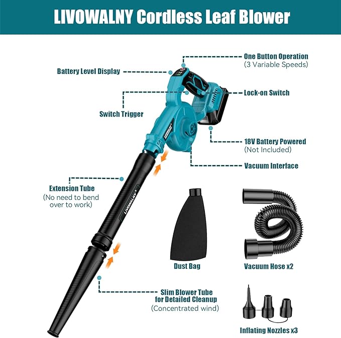 Leaf Blower Cordless for Makita 18V Battery, LIVOWALNY 120CFM 230MPH 2-in-1 Electric Leaf Blowers & Vacuum with 3 Speed Mode for Cleaning Patio, Yard, Sidewalk, Snow, Lawn Care