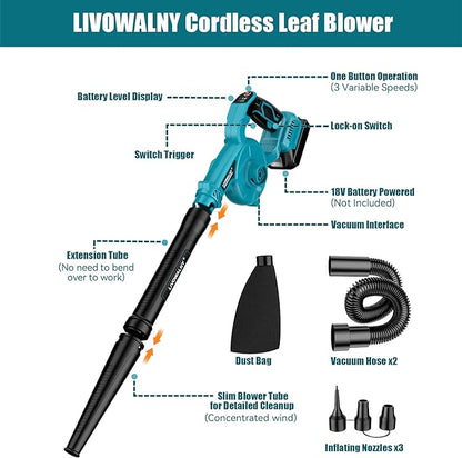 Leaf Blower Cordless for Makita 18V Battery, LIVOWALNY 120CFM 230MPH 2-in-1 Electric Leaf Blowers & Vacuum with 3 Speed Mode for Cleaning Patio, Yard, Sidewalk, Snow, Lawn Care