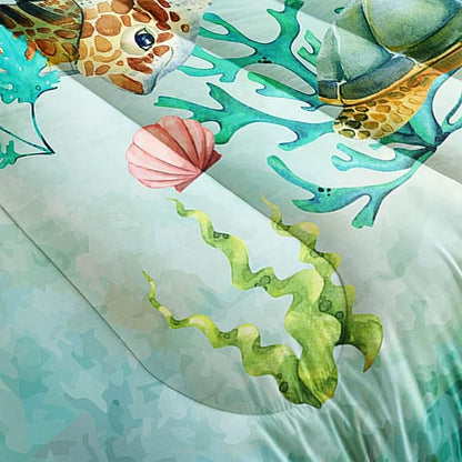Datura home Sea Turtle Comforter Bedding Set for Kids Teens Adults,Watercolor Sea Turtle Light-Green and Blue Coral Seaweed Ocean Themed Comforter with 2 Pillowcases(Turtle Twin),Green Turtle