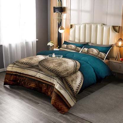 Erosebridal Teens Baseball Comforter Set Queen,Kids Retro Grunge Baseball Bedding Set for Boys Bedroom,Sports Games Bedding Comforter Set Teal Vintage Wooden Board Quilt Duvet Sets 2 Pillow Cases