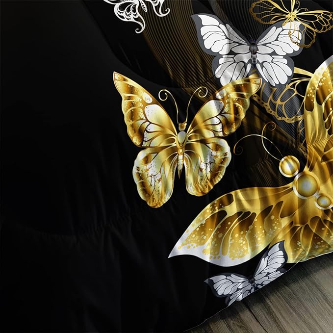 Butterfly Comforter Set for Adults Black and Gold Butterfly Bedding Set Aesthetics Butterflies Quilt Duvet Set Queen Size with 1 Comforter and 2 Pillowcases