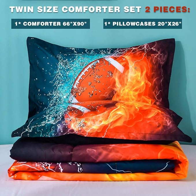 Andency Football Comforter Set Twin(66x90 Inch), 2 Pieces(1 Football Comforter, 1 Pillowcase) Sport Microfiber Comforter Set Bedding Set for Kids Boys Teens