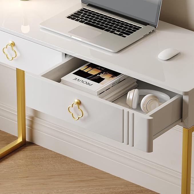 White Desk with Drawers,Modern Laptop Table with gold metal legs,43 inch Makeup Vanity Small Desk with Storage, Stylish & Functional Computer Desk Work Stations for Home Office