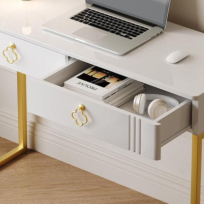 White Desk with Drawers,Modern Laptop Table with gold metal legs,43 inch Makeup Vanity Small Desk with Storage, Stylish & Functional Computer Desk Work Stations for Home Office