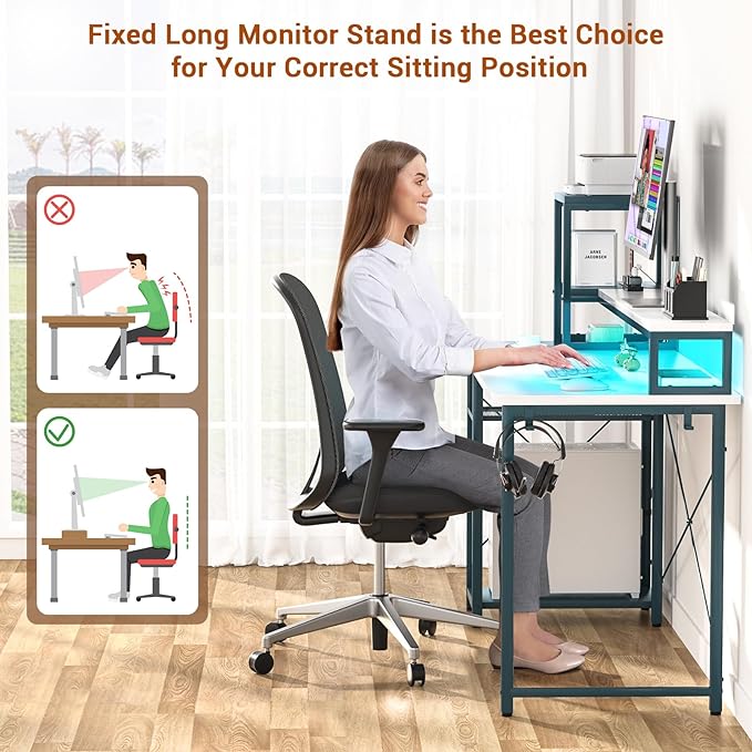armocity 2024 Upgrade Gaming Desk with LED Lights, Small Computer Desk with Long Monitor Stand, 47.2'' Reversible Laptop Table with Storage Shelves, Small Desk for Small Spaces, Gaming Room, White