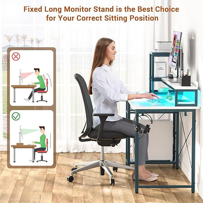 armocity 2024 Upgrade Gaming Desk with LED Lights, Small Computer Desk with Long Monitor Stand, 40'' Reversible Laptop Table with Shelves, Small Desk for Small Spaces, Gaming Room, White and Blue