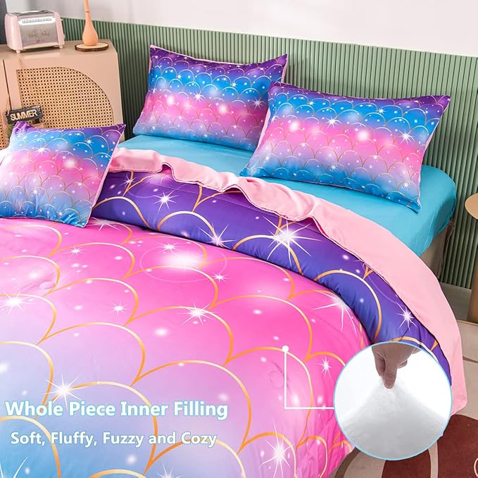 PERFEMET Pink Mermaid Comforter Set Full Size 6 Pieces Bed in A Bag Colorful Rainbow Bedding Set for Teens Girls 3D Sparkly Glitter Ombre Bed Set with Comforter and Sheets (Pink Mermaid, Full)