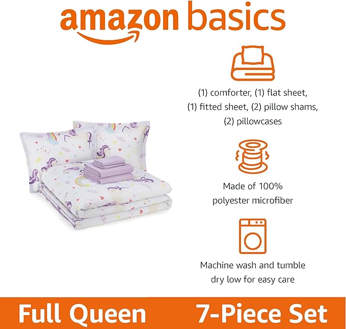 Amazon Basics Microfiber Kid's Bed-in-a-Bag 7 Piece Bedding Set, Full/Queen, Unicorn Print