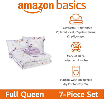 Amazon Basics Microfiber Kid's Bed-in-a-Bag 7 Piece Bedding Set, Full/Queen, Unicorn Print