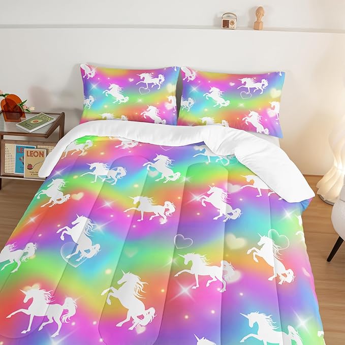 HOSIMA Unicorn Bedding 3pcs Rainbow Comforter Set with 2 Pillowcases,Sparkle Stars King Size Comforter Set for Adults Teen Girls,Cute Rainbow Unicorn Comforter Princess Toddler Bedding Set.