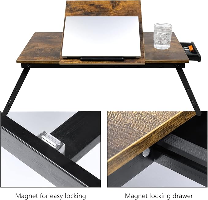 Bamboo Laptop Desk Bed Tray Table Adjustable Table for Computer Tilting Top Foldable Leg with Drawer