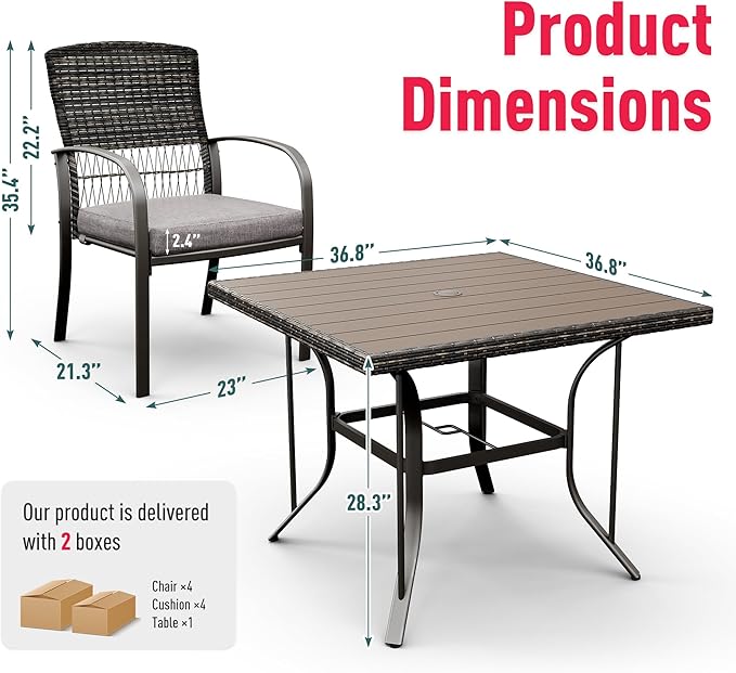 Pamapic Patio Table and Chairs Set, All-Weather Rattan Outdoor Table and Chairs with Removable Waterproof Cushions, Plastic-Wood Patio Dining Set for 4 with Umbrella Hole(Gray)