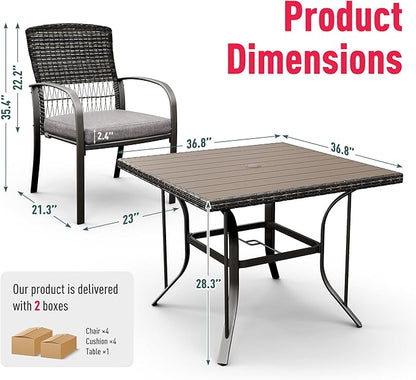 Pamapic Patio Table and Chairs Set, All-Weather Rattan Outdoor Table and Chairs with Removable Waterproof Cushions, Plastic-Wood Patio Dining Set for 4 with Umbrella Hole(Gray)