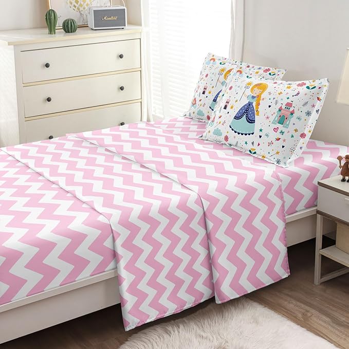 Girls Twin Bedding Sets, Kids Comforter Set for Teens w/Sheets and Pillowcase, Soft Reversible Cartoon Princess Bed in a Bag Sets