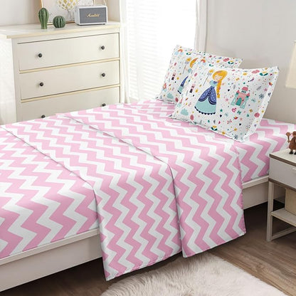 Girls Twin Bedding Sets, Kids Comforter Set for Teens w/Sheets and Pillowcase, Soft Reversible Cartoon Princess Bed in a Bag Sets