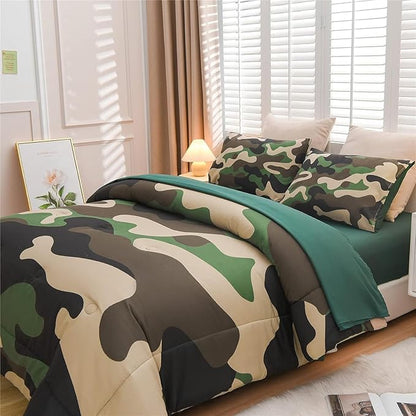 Meeting Story Camouflage Bedding Set, Colorful Pattern Style Comforter Set, 5 PCS One Comforter Two Pillowcases Two Sheets in One Bag, All Season Bedspread for Teens Adults (Green, Queen 5Pcs)