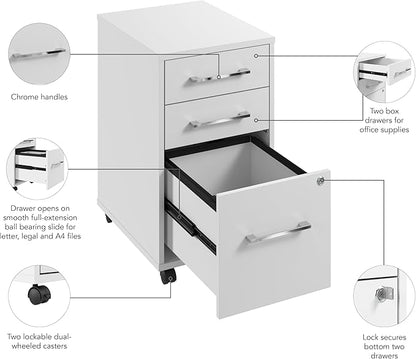Bush Business Furniture Hustle 3 Drawer Rolling File Cabinet in White, Mobile Document Storage for Home and Professional Office
