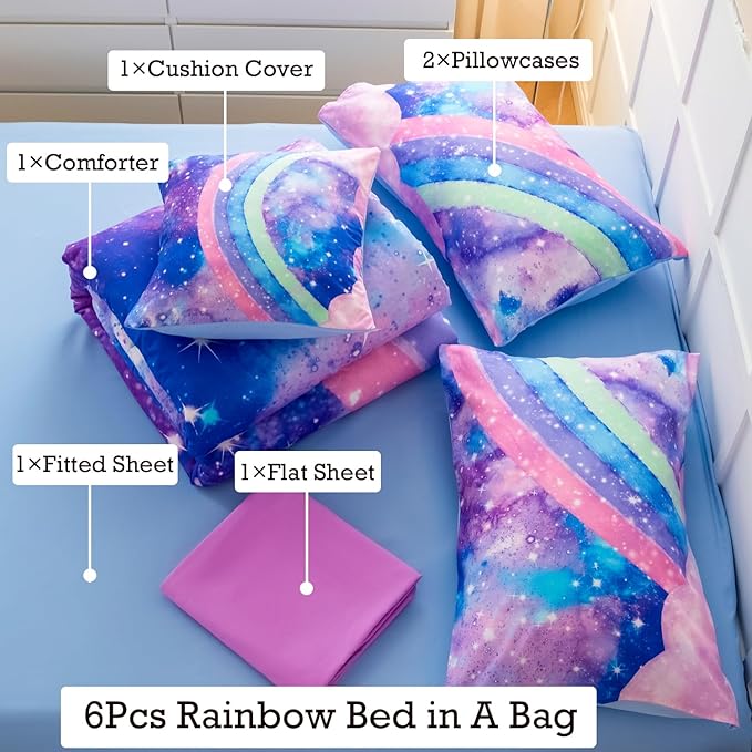 Tie Dye Comforter Girls Twin Comforter Set, 6 Pieces Colorful Rainbow Bed in A Bag, Pastel Gradient Galaxy Bedding Sets with Sheets, Comforter and Pillowcases for Teens Kids