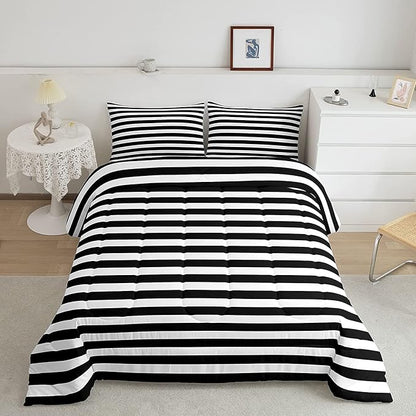 Striped Comforter Set Black and White Stripe Bedding Set King Kids Boys Girls Women Men Farmhouse Ticking Stripes Duvet Set Modern Geometric Lines Adults Abstract Gothic Home Decor Soft Reversible