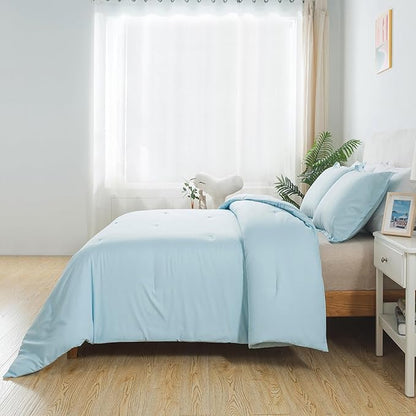 Queen Baby Blue Comforter Set, Solid Lightweight Skin-friendly Boho Bedding Set & Collections, Breathable Fluffy Microfiber 3 PCS (90"x90") Comforter Set for All Seasons with Pillowcases