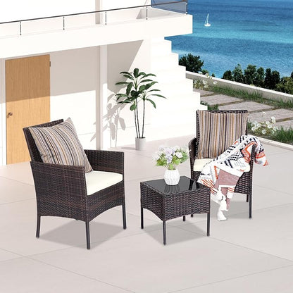 Patio Set 3 Piece Outdoor Rattan Porch Furniture with Tempered Glass Side Table & Cushion All Weather Conversation Bistro Set for Balcony,Deck,Porch (Brown/Beige)