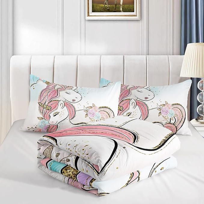 CVHOUSE Unicorn Bedding Queen Size,Unicorn Bedding Set for Girls Kids,Cute Unicorn Comforter Set Chrismas Duvet Set Unicorn Quilt Set Girls Room Decor 3 Pieces