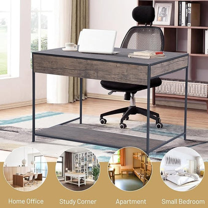 FurnitureR Vintage Wooden Computer Desk with Drawer, 43 Inches Industrial Writing Desk Workstation with Metal Legs and Bottom Shelf for Home Office, Brown