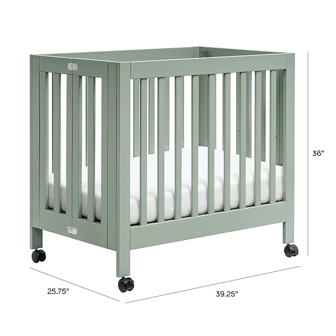 Babyletto Origami Mini Portable Crib Folding with Wheels in Light Sage, 2 Adjustable Mattress Positions, Greenguard Gold Certified