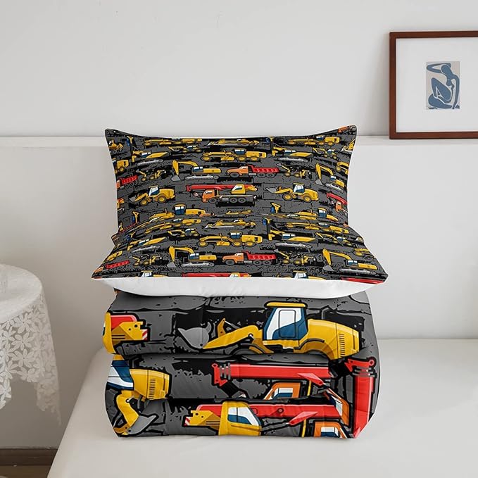 Kids Tractor Bedding Sets For Boys Toddler Twin,Under Construction Trucks Bedding Comforter Set,Equipment Excavator Bedding Cartoon Vehicle Cars Bed Set For Child Room Decor Yellow Dark Grey 2 Pcs