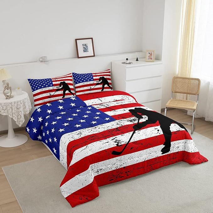 Erosebridal American Flag Comforter Set King, Hockey Bedding Set United States Sports Games Down Comforter for Kids Boys Teens Bedroom, Red White Geometric Stripes Duvet Sets with 2 Pillowcases