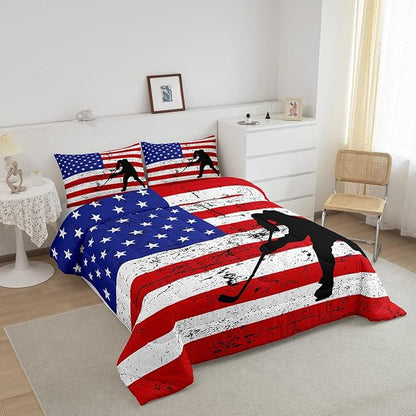 Erosebridal American Flag Comforter Set King, Hockey Bedding Set United States Sports Games Down Comforter for Kids Boys Teens Bedroom, Red White Geometric Stripes Duvet Sets with 2 Pillowcases