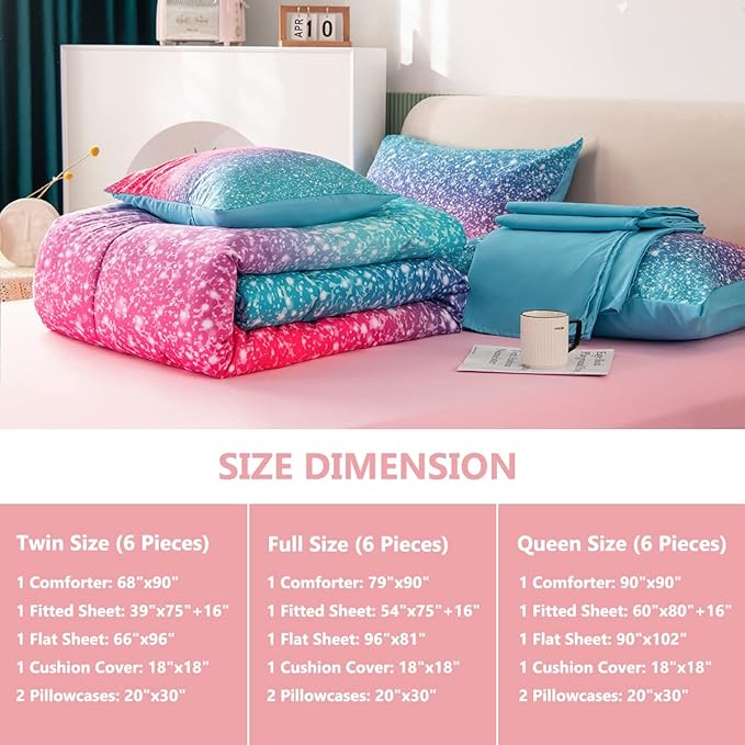 PERFEMET 6Pcs Pink Full Size Comforter Sets for Girls Colorful Rainbow Glitter Kids Bedding Set Sparkly Pastel Ombre Teen Girl Bed in A Bag Comforter Set with Sheets (Pink Blue, Full)