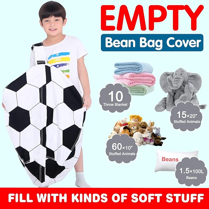 Lukeight Stuffed Animal Storage Bean Bag Chair Cover for Kids, Soccer Zipper Beanbag Chair Cover for Organizing Toddler & Kids' Rooms Plush Toys (Soccer, Large)
