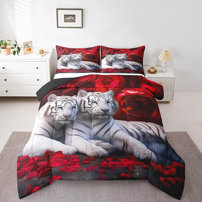 Tiger Comforter Set Full, Red Rose Down Comforter Kids Girls Women,Red Image of Large Cat Playing with Water Cool Nature Animal Quilted Duvet Insert Gorgeous Floral Flower Bedding Comforters,Brown