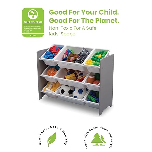 Delta Children MySize 9 Bin Plastic Toy Organizer - Greenguard Gold Certified, Grey & Serta Perfect Extra Wide Convertible Sofa to Lounger, Comfy 2-in-1 Flip Open Couch/Sleeper for Kids, Grey