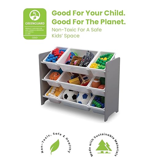 Delta Children MySize 9 Bin Plastic Toy Organizer - Greenguard Gold Certified, Grey & MySize Deluxe Toy Box - Greenguard Gold Certified, Grey