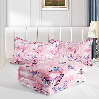 Datura home Kids Comforter Set Girls Pink Flower Butterfly Printed Pattern Quilt Bedding with 1 and 2 Pillowcases for Bedroom All Season(Pink Full) Full 80x90inches