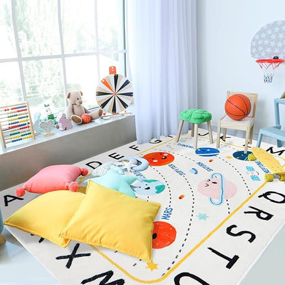 Soft ABC Kids Rug,59x39 in Washable Large Classroom Rug,Non-Slip Educational Nursery Rug,Solar System Kids Room Rug for Classroom Playroom Bedroom Kids Room Decor