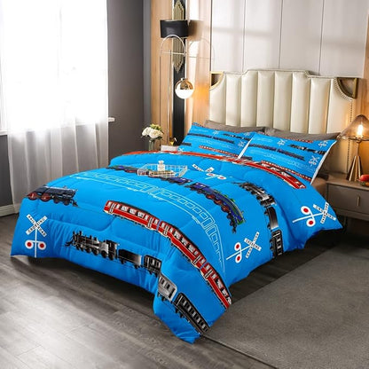 Feelyou Boys Train Twin Size Comforter Set Cartoon Car Toddler Bedding Set for Kids Teens Vintage Car Track Comforter Red Blue Black Decor Quilt Set Room 2Pcs