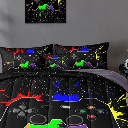 6 Pieces Gamer Comforter Set for Boys Gaming Bedding Set Full Size,Video Game Controller Comforter for Boys Kids Adult 3D Gamepad Microfiber Bedding Sets 6 Pieces Bed in A Bag Sets3001,Full