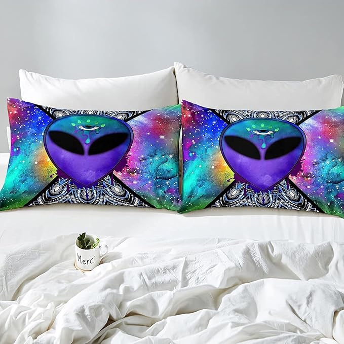 Erosebridal Trippy Alien Comforter Set King, Boho Tie Dye Bedding Sets for Kids Teens Adult Galaxy Outer Space Down Comforter Psychedelic Hippie Skull Duvet Sets 3 Pieces with 2 Pillow Cases