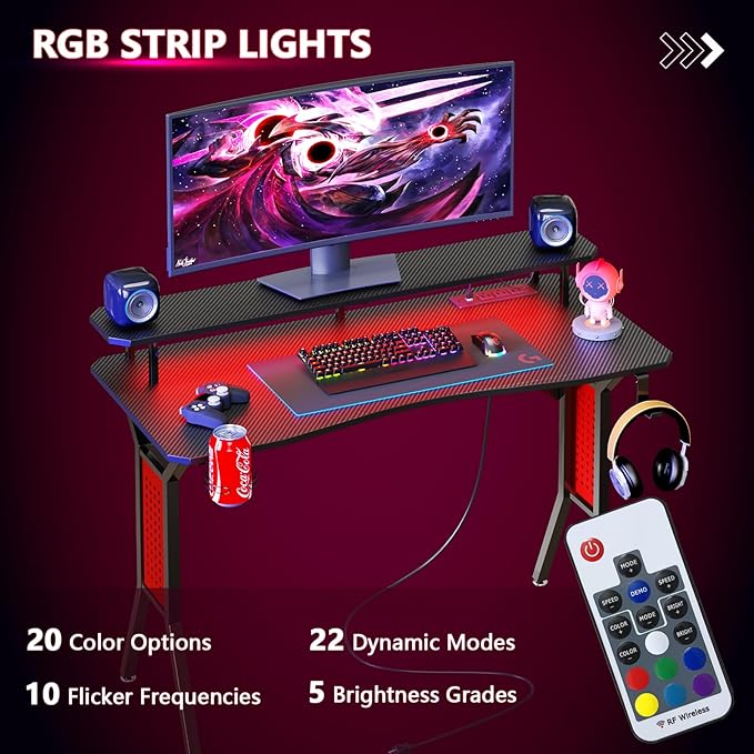 Gaming Desk with Power Outlets & LED Strip Lights,Computer Desk with Large Monitor Stand, Gamer Workstation with Stylish Metal Legs,Headphone Hook&Cup Holder for Home Office