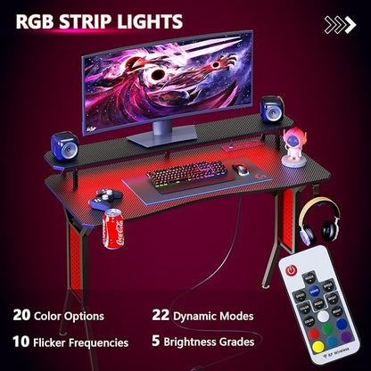 Gaming Desk with Power Outlets & LED Strip Lights,Computer Desk with Large Monitor Stand, Gamer Workstation with Stylish Metal Legs,Headphone Hook&Cup Holder for Home Office