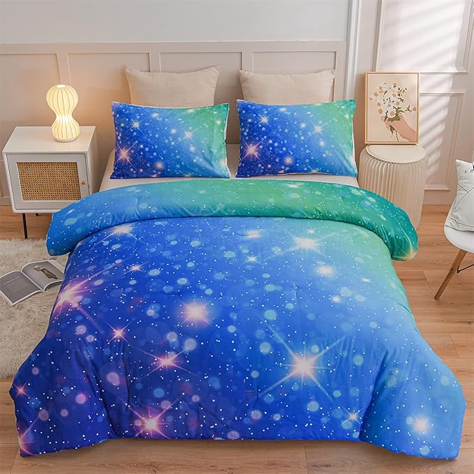 Holawakaka Kids Space Star Glitter Comforter Set Ombre Blue & Green Print Gradient Bedding Set Twin Size(Blue Green, Twin)