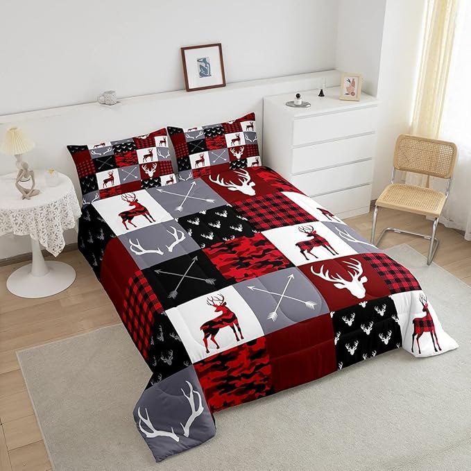 Boys Deer Antlers Silhouettes Comforter Set King Size,Geometric Plaids Patchwork Bedding Set 3pcs for Kids Teens Adults Girls Home Decor,Red Camouflage Christmas Xmas Down Comforter,Rustic Farmhouse